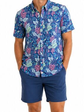 Vineyard Vines Navy Floral Pineapple Print Classic Fit Murray Shirt - Size XL